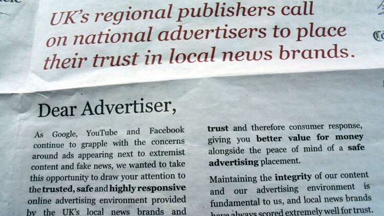 Publishers' ad for 'local news brands' from the i, April 3, 2017