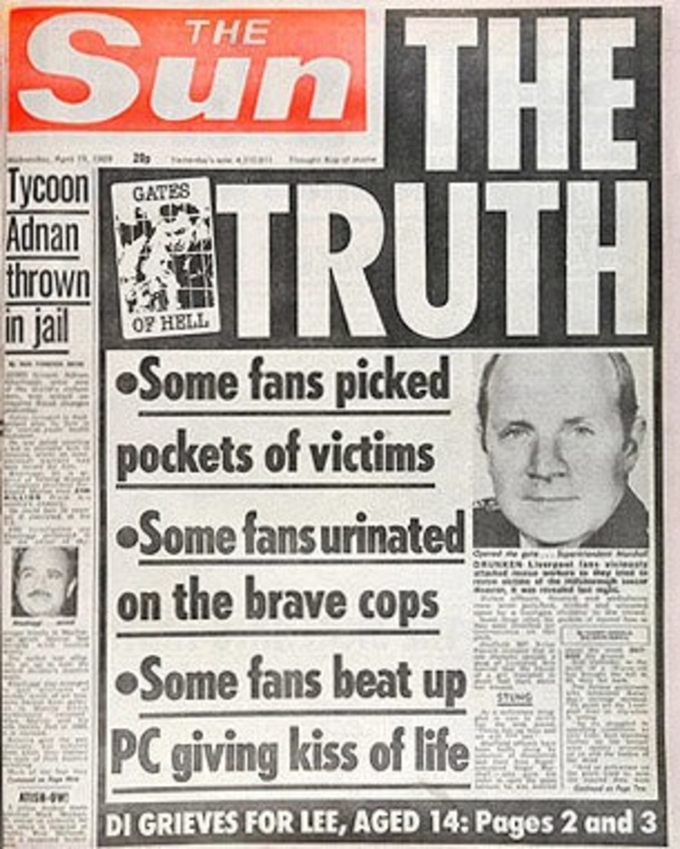 Infamous The Truth front page of The Sun published when now suspended Kelvin MacKenzie was still editor of the paper.